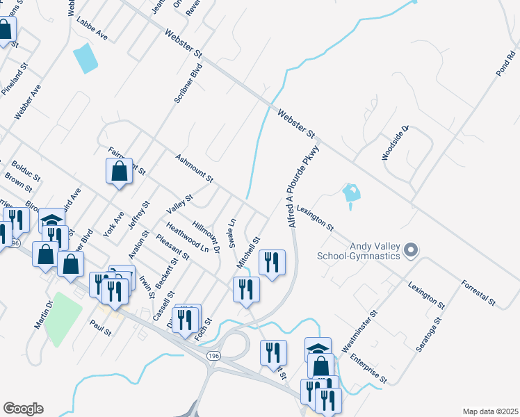 map of restaurants, bars, coffee shops, grocery stores, and more near 52 Ashmount Street in Lewiston