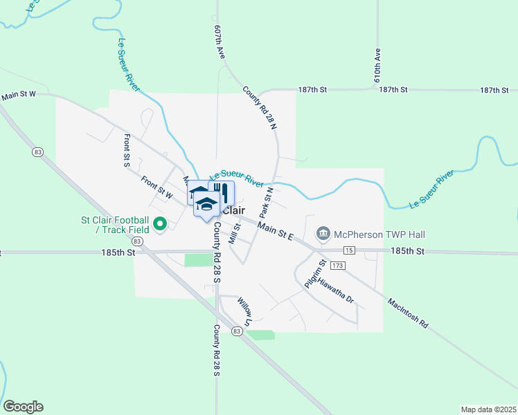 map of restaurants, bars, coffee shops, grocery stores, and more near 200 Main Street East in Mankato