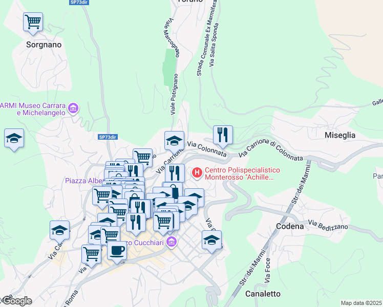 map of restaurants, bars, coffee shops, grocery stores, and more near 8BIS Via Capitano Bruno Conti in Carrara