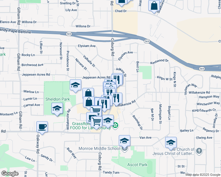 map of restaurants, bars, coffee shops, grocery stores, and more near 1755 Coburg Road in Eugene