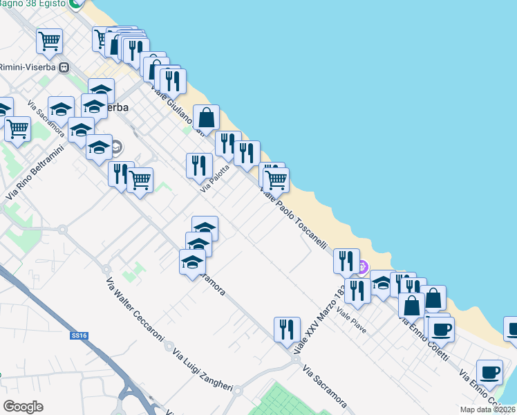 map of restaurants, bars, coffee shops, grocery stores, and more near 21 Piazza Giuseppe Mazzini in Rimini