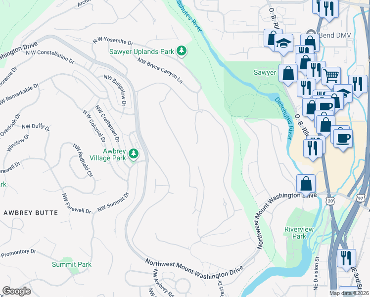 map of restaurants, bars, coffee shops, grocery stores, and more near 2988 Northwest Fairway Heights Drive in Bend