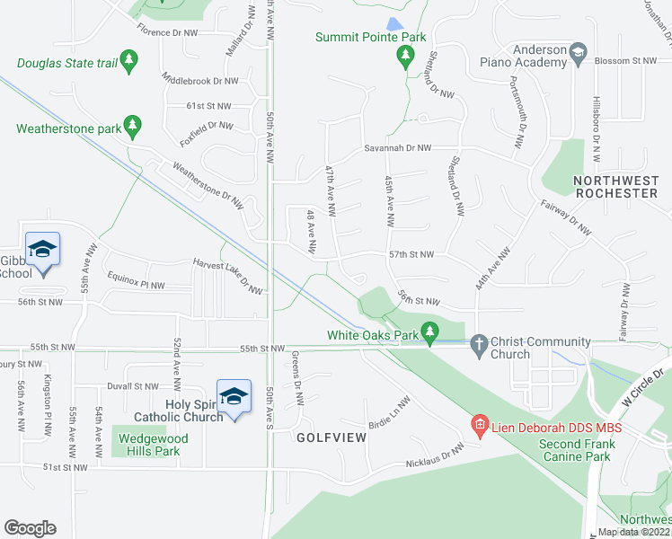 map of restaurants, bars, coffee shops, grocery stores, and more near 5649 White Oaks Lane Northwest in Rochester