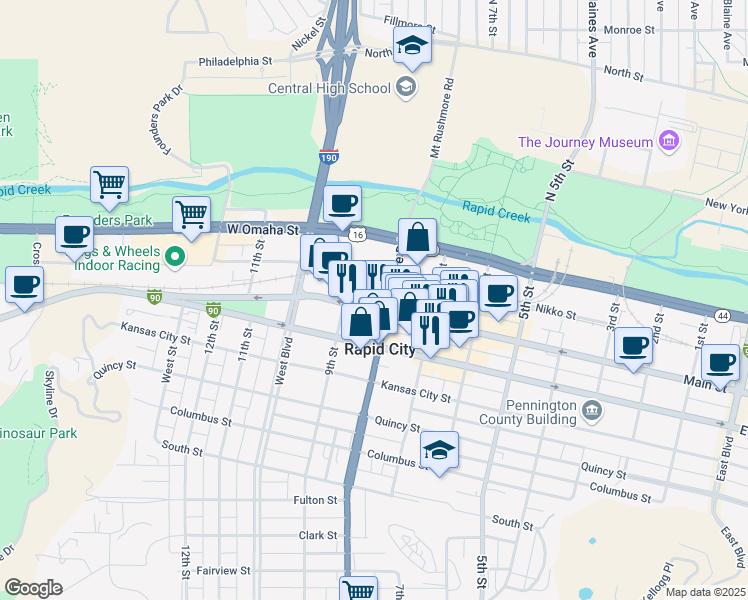 map of restaurants, bars, coffee shops, grocery stores, and more near 445 Mount Rushmore Road in Rapid City