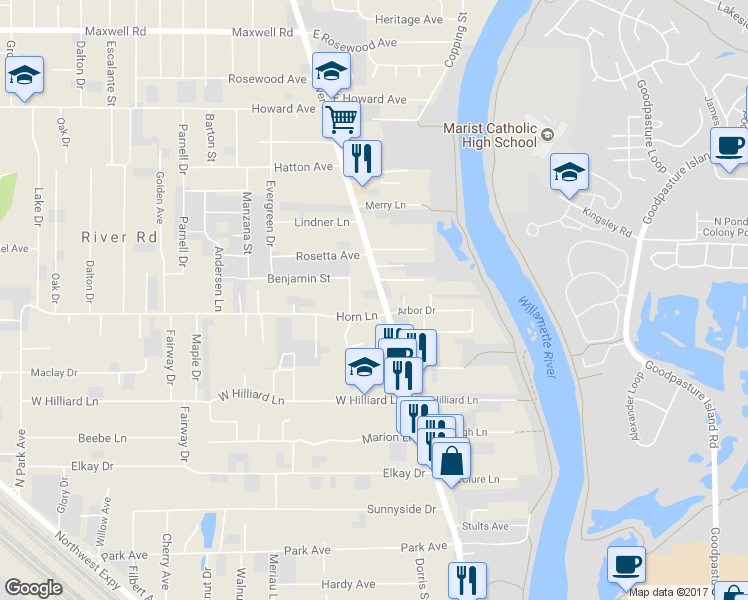 map of restaurants, bars, coffee shops, grocery stores, and more near 1216 River Road in Eugene
