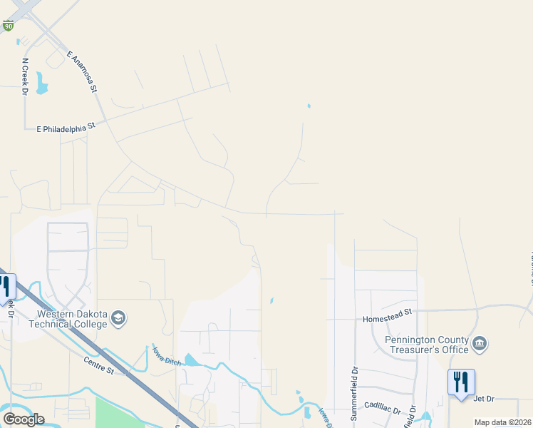 map of restaurants, bars, coffee shops, grocery stores, and more near 405 North Valley Drive in Rapid City