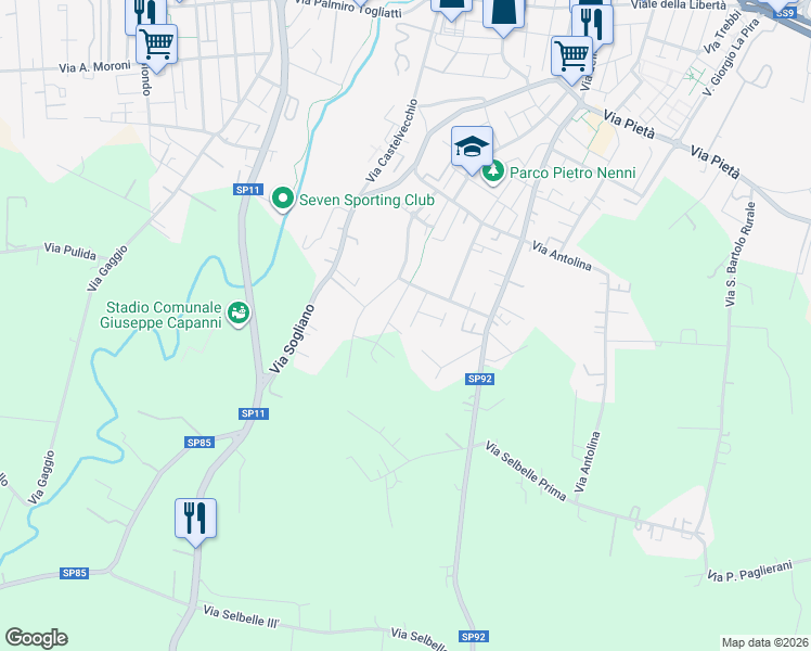 map of restaurants, bars, coffee shops, grocery stores, and more near 37A Via Giovanni Vendemini in Savignano sul Rubicone