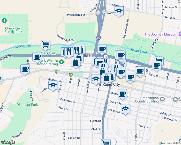 map of restaurants, bars, coffee shops, grocery stores, and more near 515 West Blvd North in Rapid City