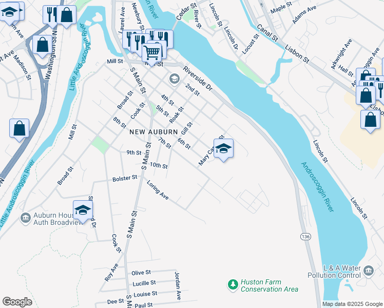 map of restaurants, bars, coffee shops, grocery stores, and more near 165 6th Street in Auburn