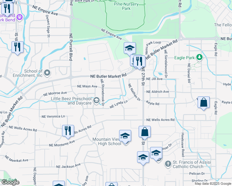 map of restaurants, bars, coffee shops, grocery stores, and more near 2432 Northeast Desert Willow Court in Bend