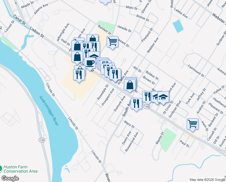 map of restaurants, bars, coffee shops, grocery stores, and more near 135 Prospect Avenue in Lewiston
