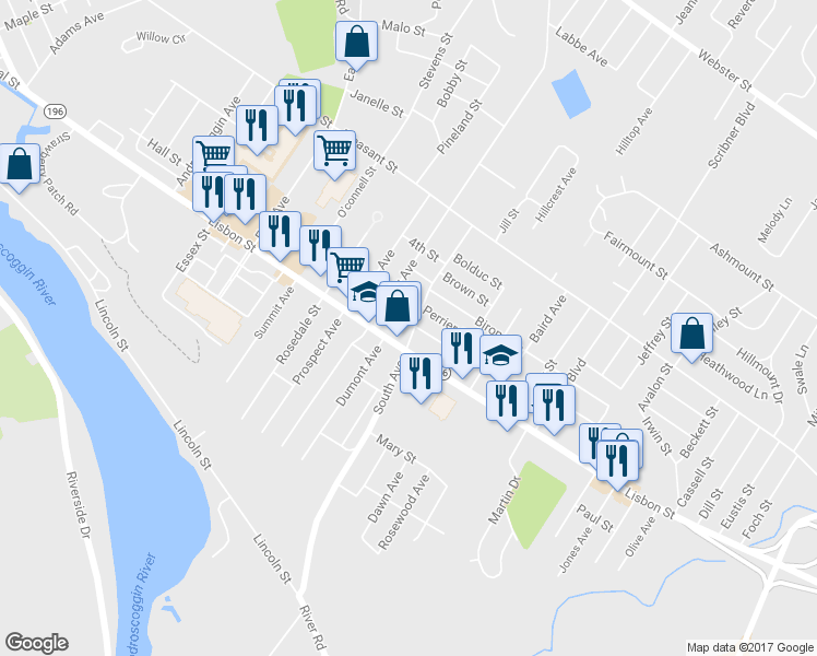 map of restaurants, bars, coffee shops, grocery stores, and more near 240 South Avenue in Lewiston