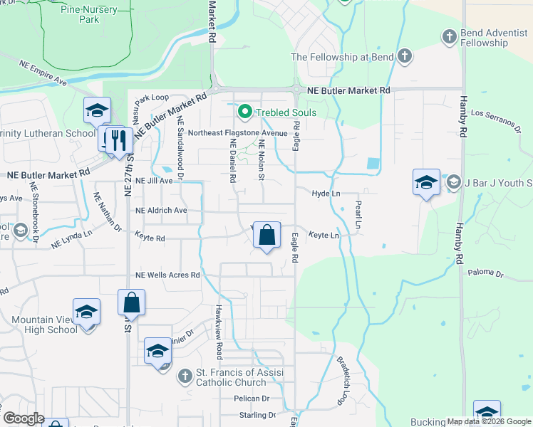 map of restaurants, bars, coffee shops, grocery stores, and more near 62847 Eagle Road in Bend
