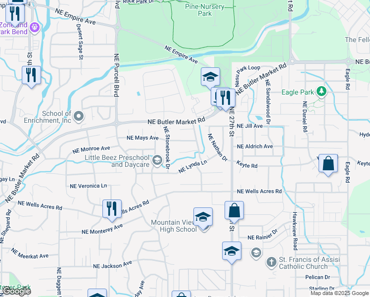 map of restaurants, bars, coffee shops, grocery stores, and more near 2432 Northeast Desert Willow Court in Bend