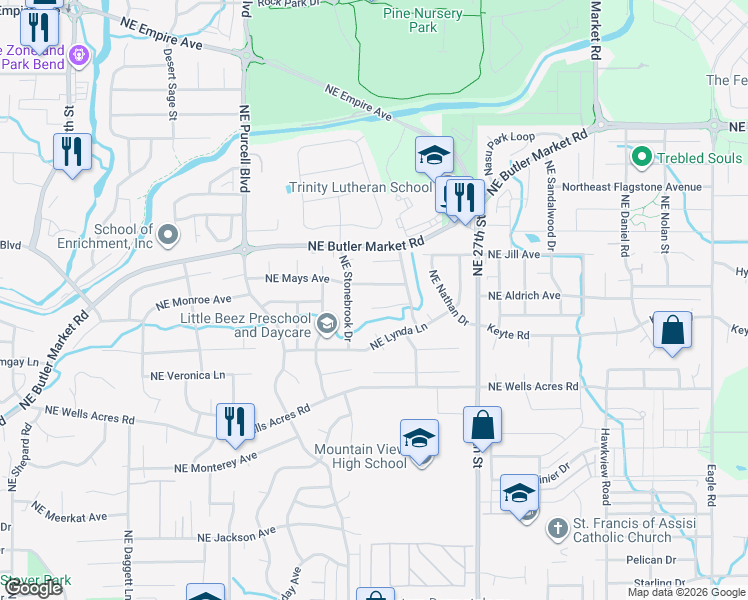 map of restaurants, bars, coffee shops, grocery stores, and more near 2432 Northeast Desert Willow Court in Bend