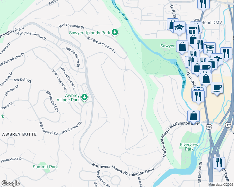 map of restaurants, bars, coffee shops, grocery stores, and more near 2988 Northwest Fairway Heights Drive in Bend