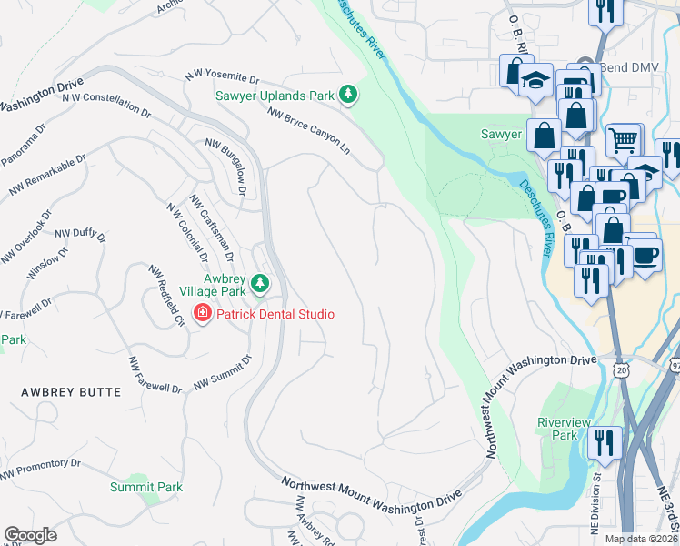 map of restaurants, bars, coffee shops, grocery stores, and more near 3087 Northwest Hidden Ridge Drive in Bend