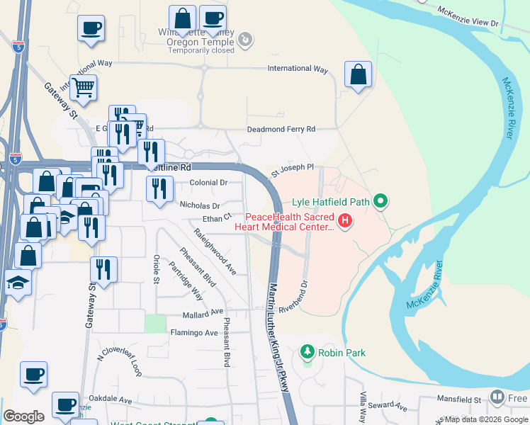 map of restaurants, bars, coffee shops, grocery stores, and more near 3365 Game Farm Road in Springfield