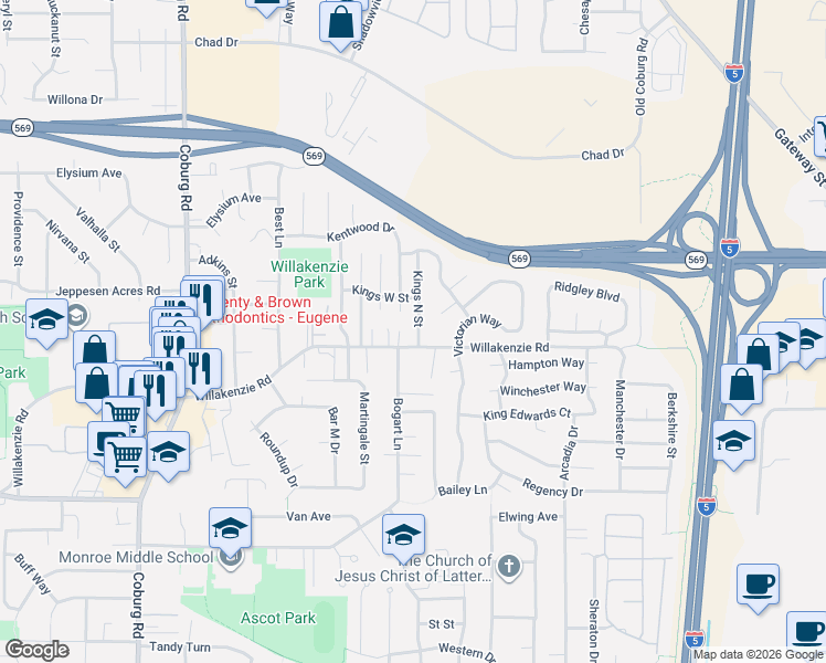 map of restaurants, bars, coffee shops, grocery stores, and more near 3185 Willakenzie Road in Eugene