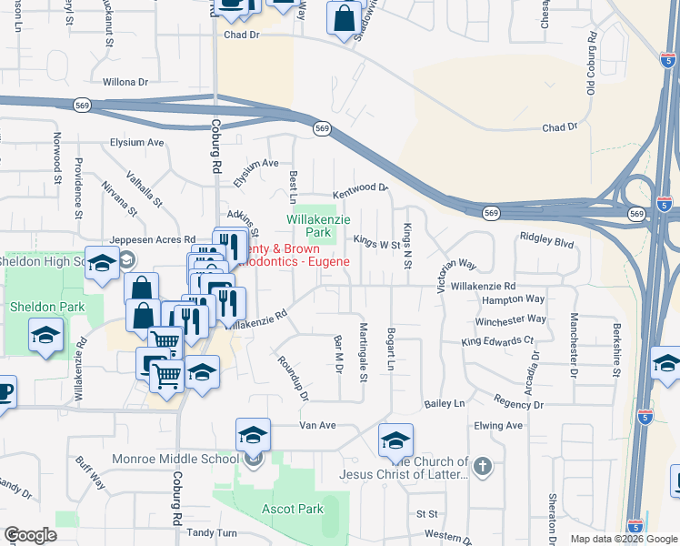 map of restaurants, bars, coffee shops, grocery stores, and more near 1604 Cambridge Oaks Drive in Eugene