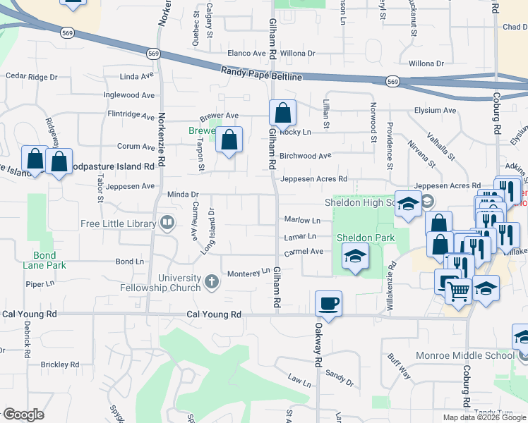 map of restaurants, bars, coffee shops, grocery stores, and more near 1732 Elsena Drive in Eugene