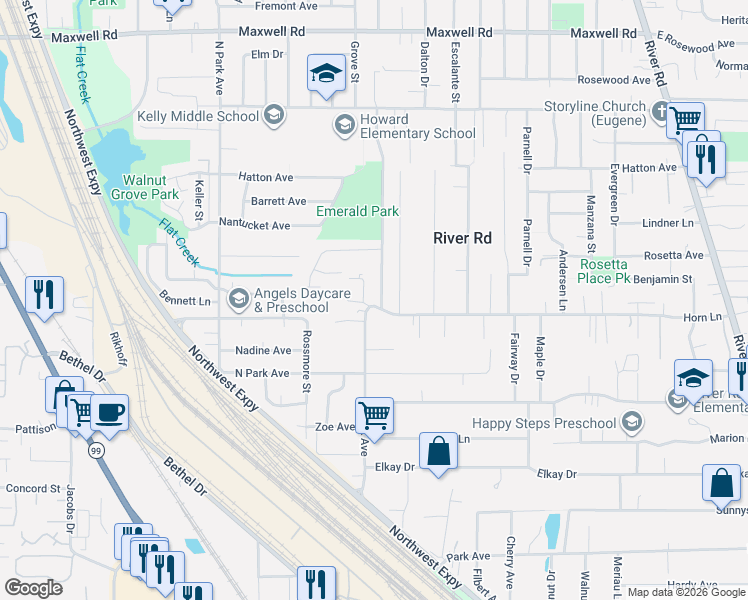 map of restaurants, bars, coffee shops, grocery stores, and more near 1635 Rosy Turn in Eugene