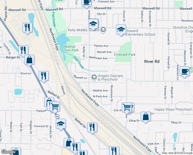 map of restaurants, bars, coffee shops, grocery stores, and more near 842 Virgil Avenue in Eugene