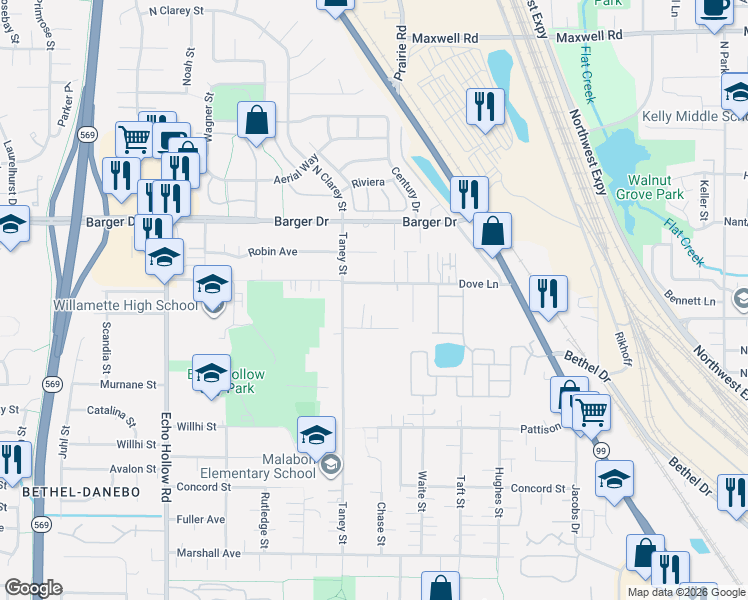 map of restaurants, bars, coffee shops, grocery stores, and more near 3834 Dove Lane in Eugene