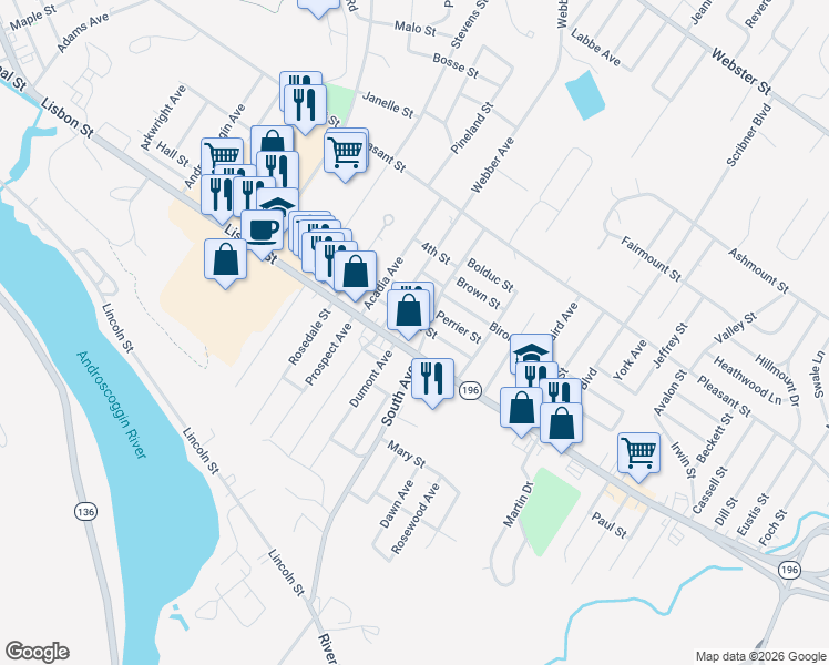 map of restaurants, bars, coffee shops, grocery stores, and more near 240 South Avenue in Lewiston