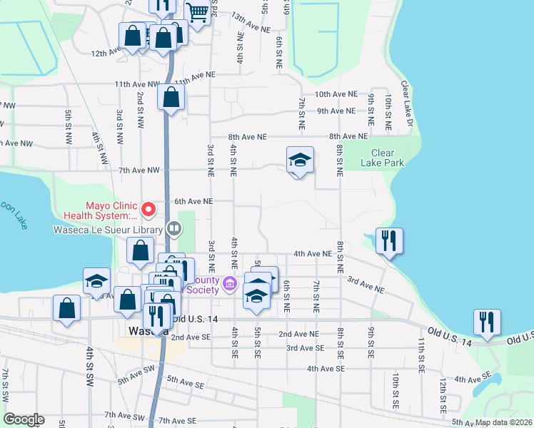 map of restaurants, bars, coffee shops, grocery stores, and more near 508 5th Street Northeast in Waseca