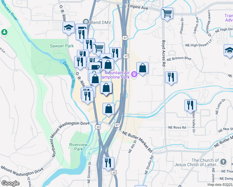 map of restaurants, bars, coffee shops, grocery stores, and more near 3188 North Highway 97 in Bend