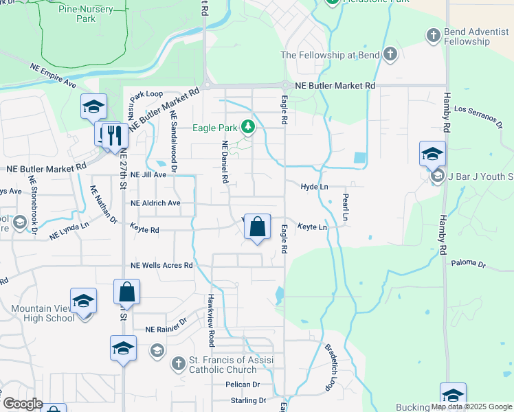 map of restaurants, bars, coffee shops, grocery stores, and more near 62847 Eagle Road in Bend