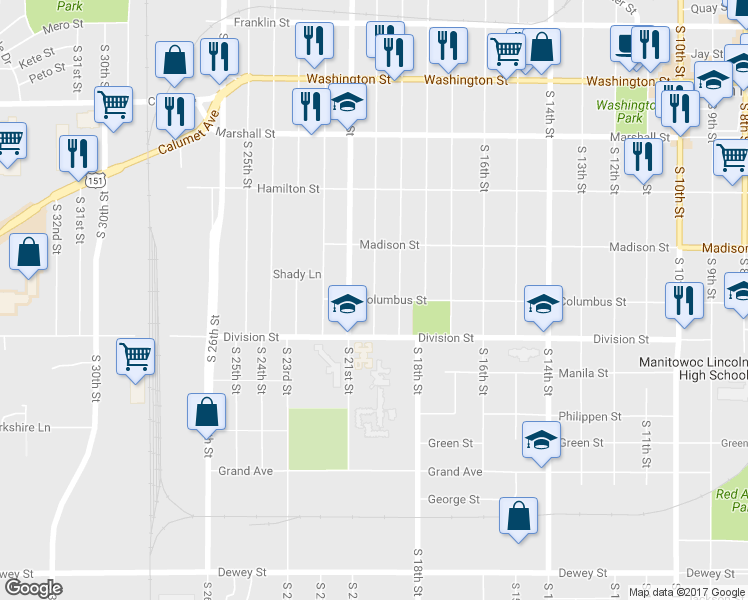 map of restaurants, bars, coffee shops, grocery stores, and more near 1401 South 20th Street in Manitowoc