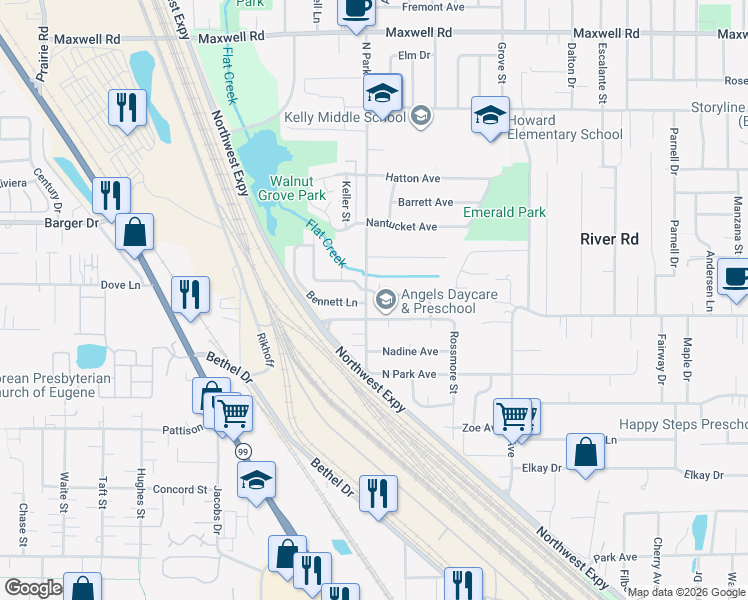 map of restaurants, bars, coffee shops, grocery stores, and more near 898 Virgil Avenue in Eugene