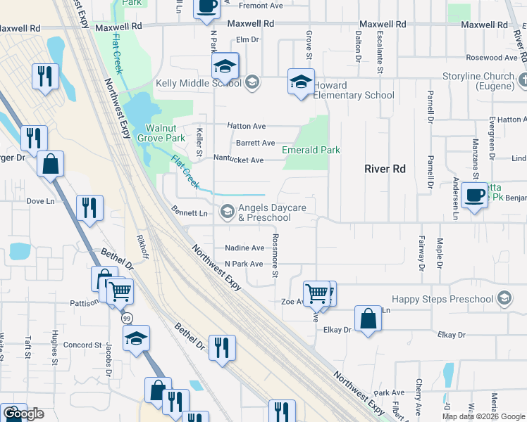 map of restaurants, bars, coffee shops, grocery stores, and more near 811 Virgil Avenue in Eugene