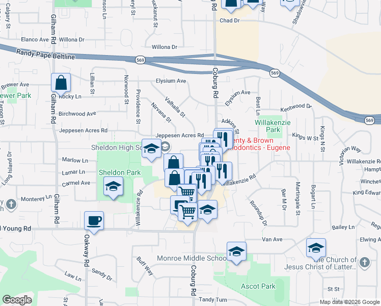 map of restaurants, bars, coffee shops, grocery stores, and more near 2555 Willakenzie Road in Eugene