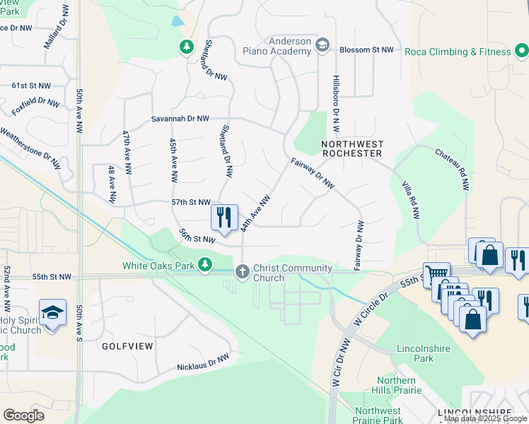 map of restaurants, bars, coffee shops, grocery stores, and more near 5718 44th Ave NW in Rochester