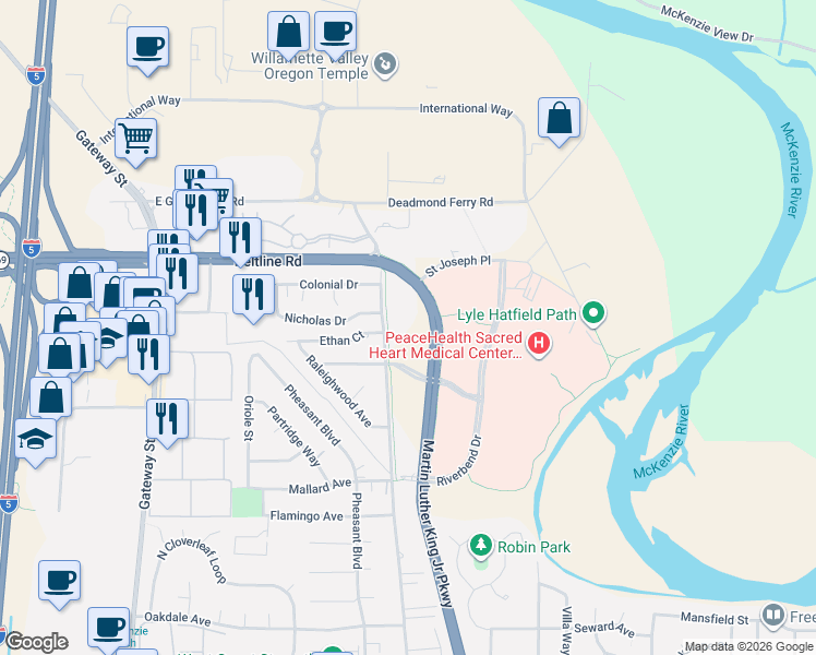 map of restaurants, bars, coffee shops, grocery stores, and more near 3365 Game Farm Road in Springfield