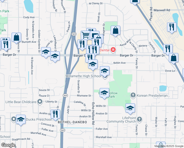 map of restaurants, bars, coffee shops, grocery stores, and more near 4200 Dove Lane in Eugene