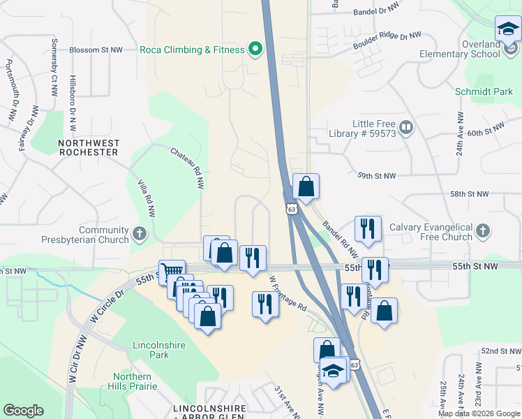 map of restaurants, bars, coffee shops, grocery stores, and more near 5710 Clearwater Road Northwest in Rochester