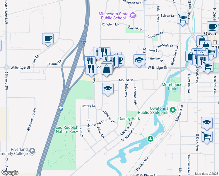 map of restaurants, bars, coffee shops, grocery stores, and more near 660 Lynwood Street in Owatonna