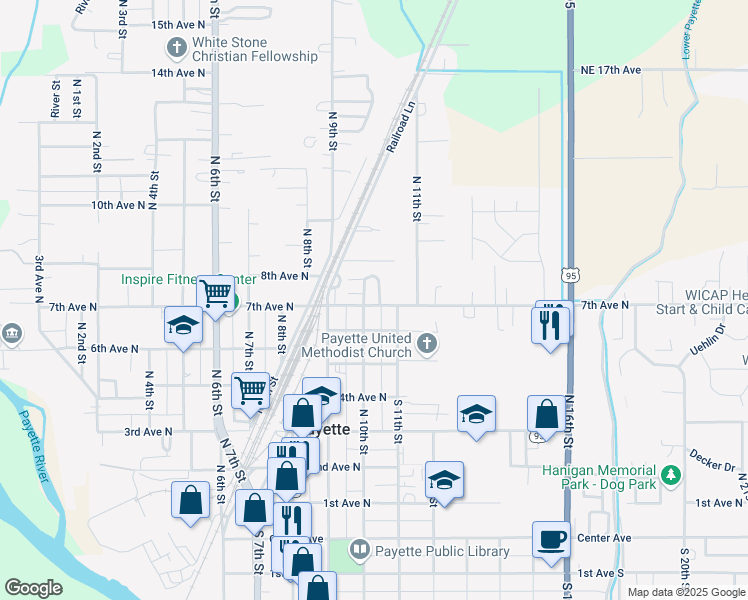map of restaurants, bars, coffee shops, grocery stores, and more near 1015 7th Avenue North in Payette