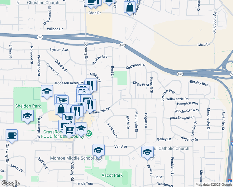 map of restaurants, bars, coffee shops, grocery stores, and more near 3043 Willakenzie Road in Eugene