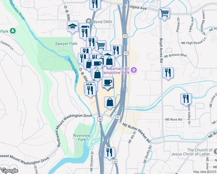 map of restaurants, bars, coffee shops, grocery stores, and more near 3188 North Highway 97 in Bend