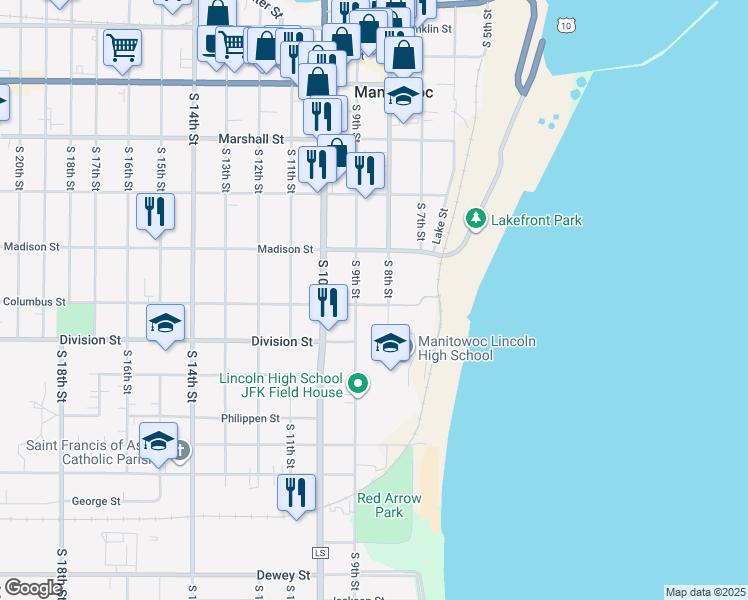map of restaurants, bars, coffee shops, grocery stores, and more near 810 Columbus Street in Manitowoc