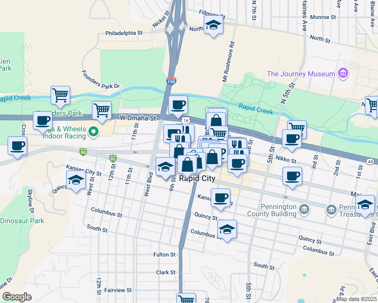 map of restaurants, bars, coffee shops, grocery stores, and more near 445 Mount Rushmore Road in Rapid City