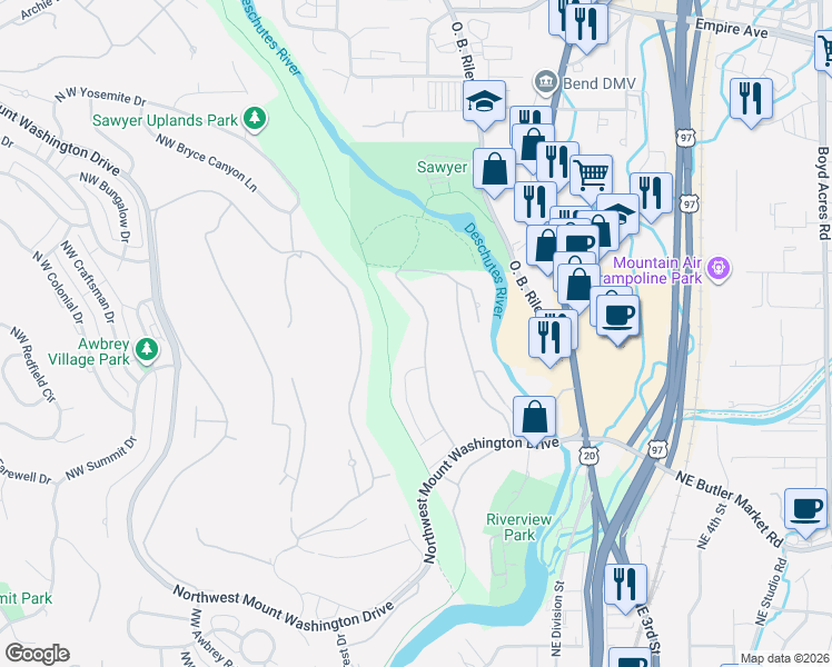 map of restaurants, bars, coffee shops, grocery stores, and more near 3123 Northwest Clubhouse Drive in Bend