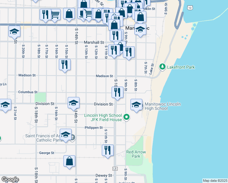 map of restaurants, bars, coffee shops, grocery stores, and more near 1011 Columbus Street in Manitowoc
