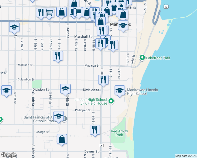 map of restaurants, bars, coffee shops, grocery stores, and more near 1011 Columbus Street in Manitowoc