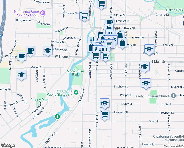 map of restaurants, bars, coffee shops, grocery stores, and more near 321 Walnut Avenue South in Owatonna